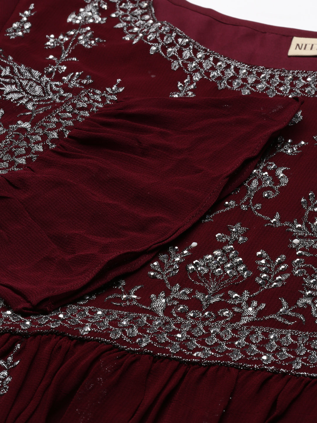 Neerus Maroon silk embroidered anarkali kurta set - detail view 1