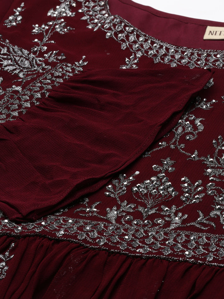Neerus Maroon silk embroidered anarkali kurta set - detail view 1