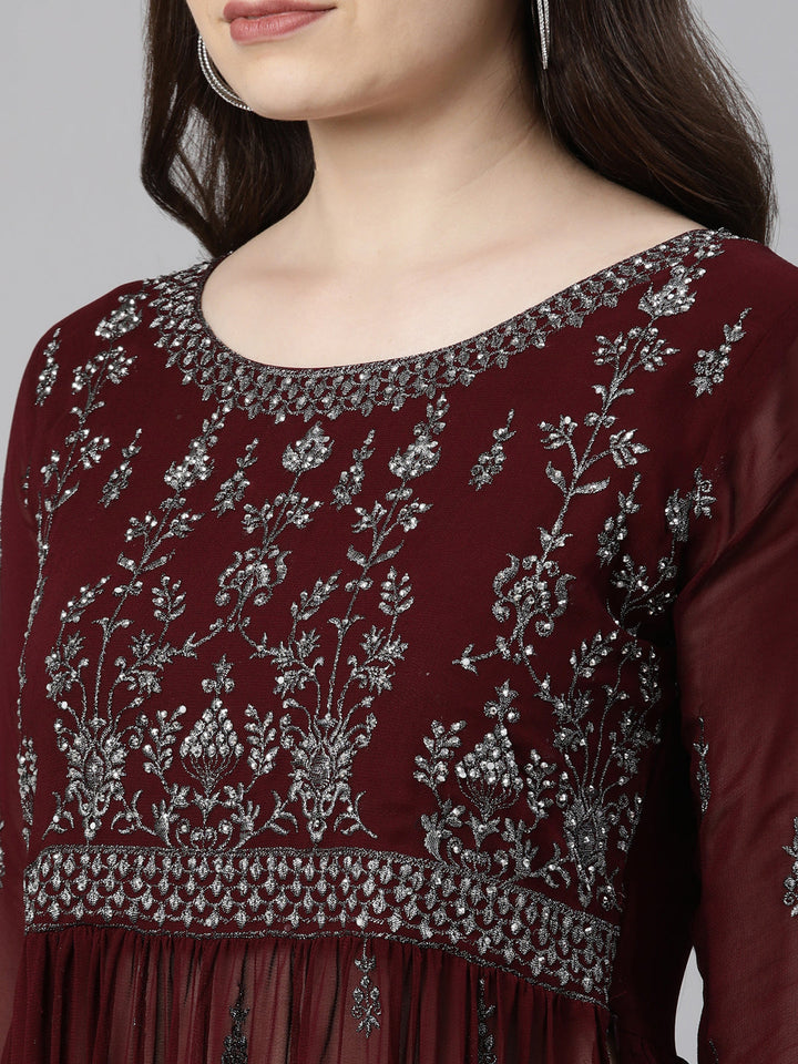 Neerus Maroon silk embroidered anarkali kurta set - detail view 2