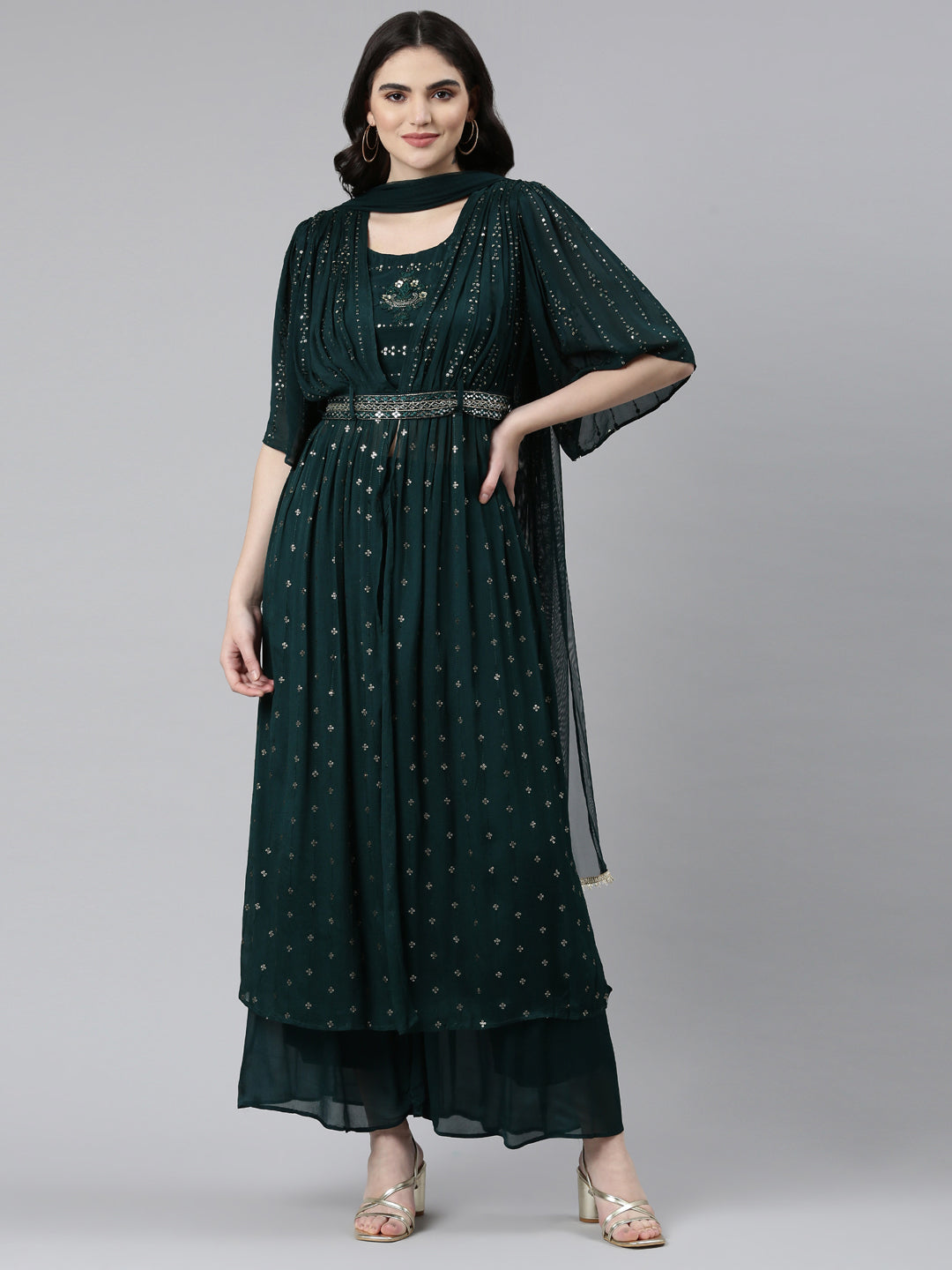 Neerus Green embroidered straight kurta set with palazzo and dupatta - front view