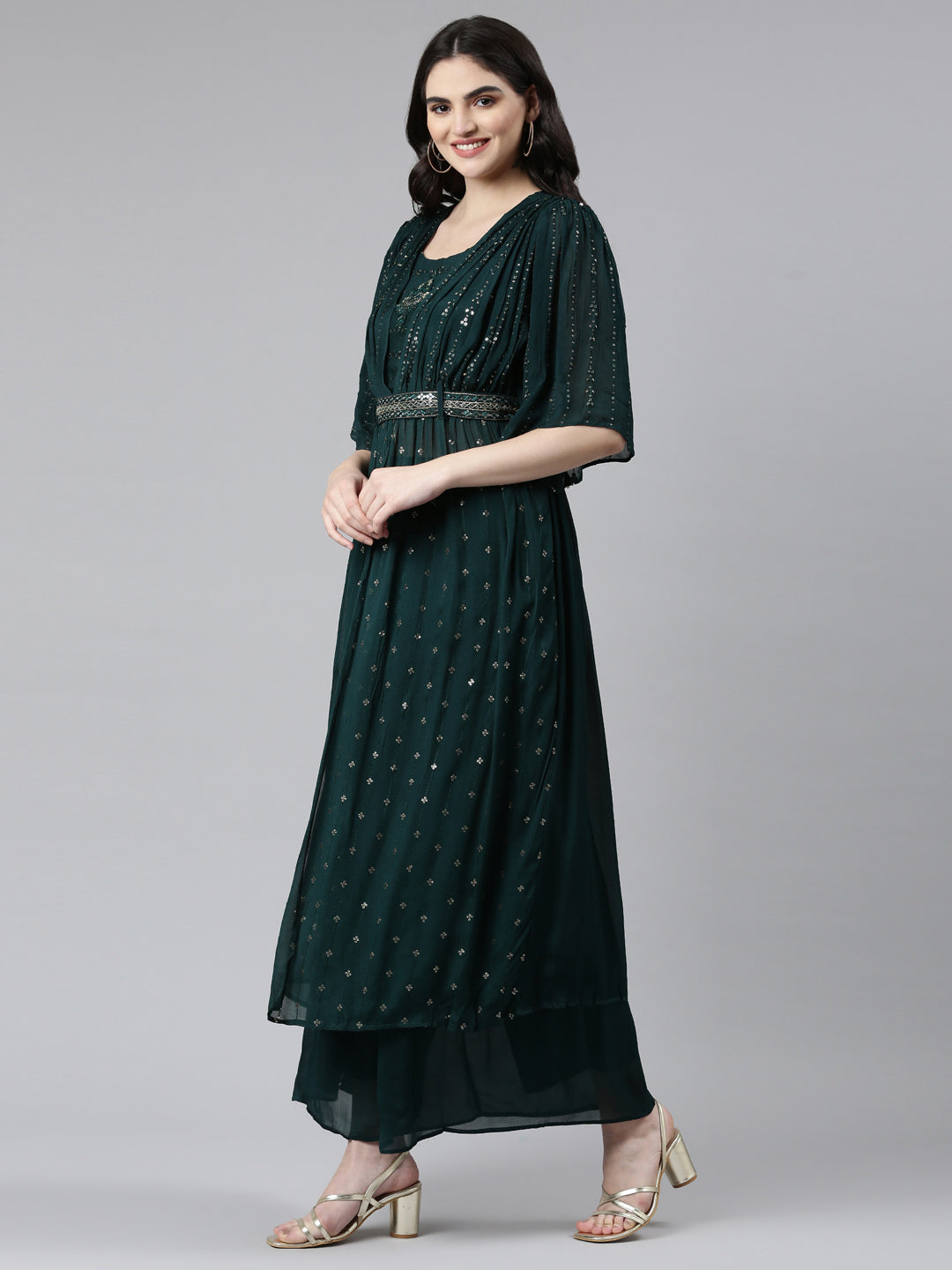 Neerus Green embroidered straight kurta set with palazzo and dupatta - back view