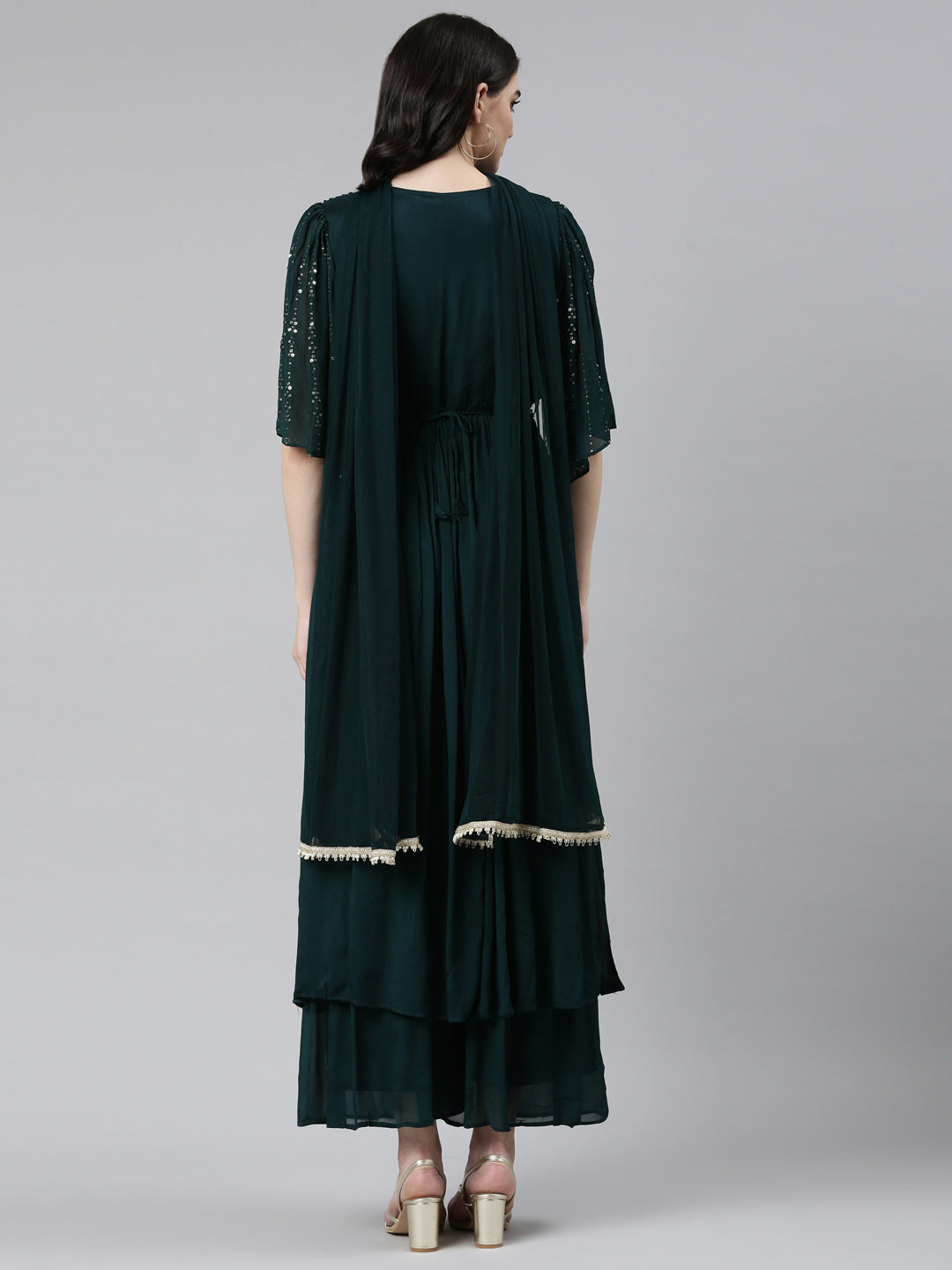 Neerus Green embroidered straight kurta set with palazzo and dupatta - side view