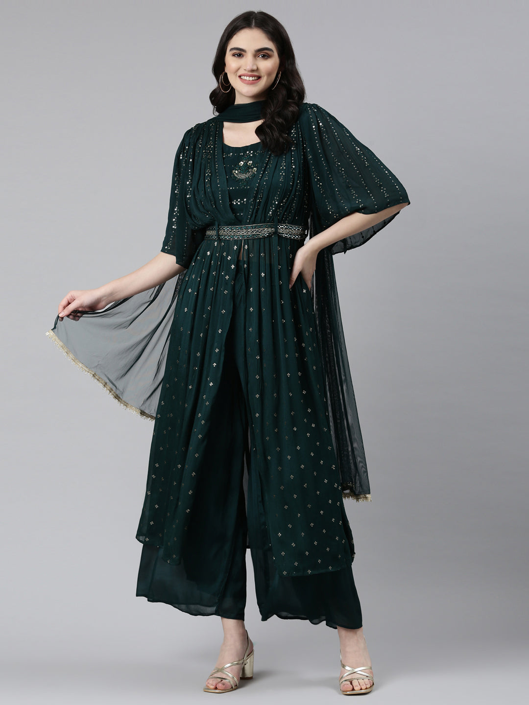 Neerus Green embroidered straight kurta set with palazzo and dupatta - detail view 2