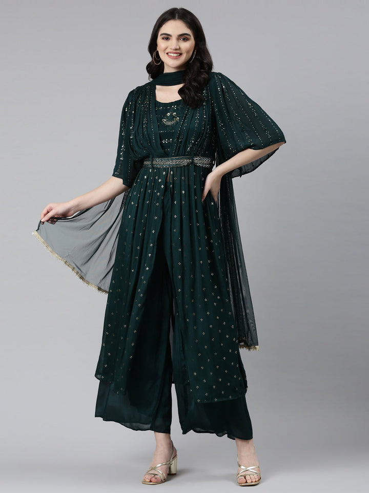Neerus Green embroidered straight kurta set with palazzo and dupatta - detail view 2