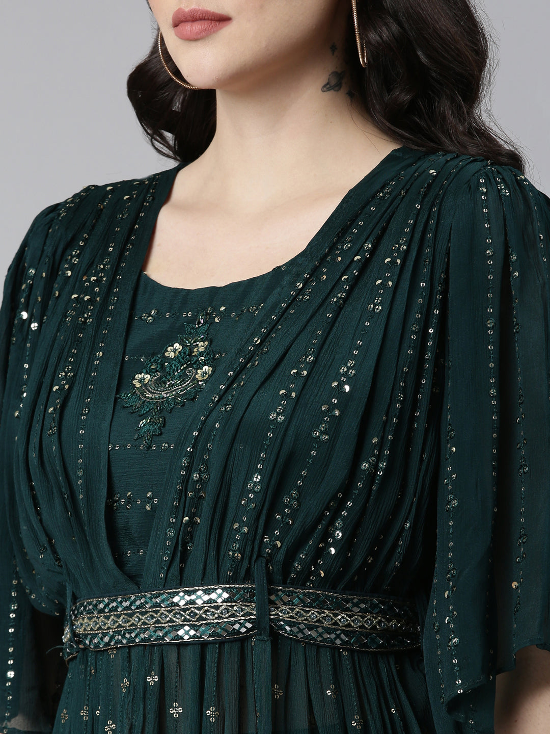 Neerus Green embroidered straight kurta set with palazzo and dupatta - detail view 1