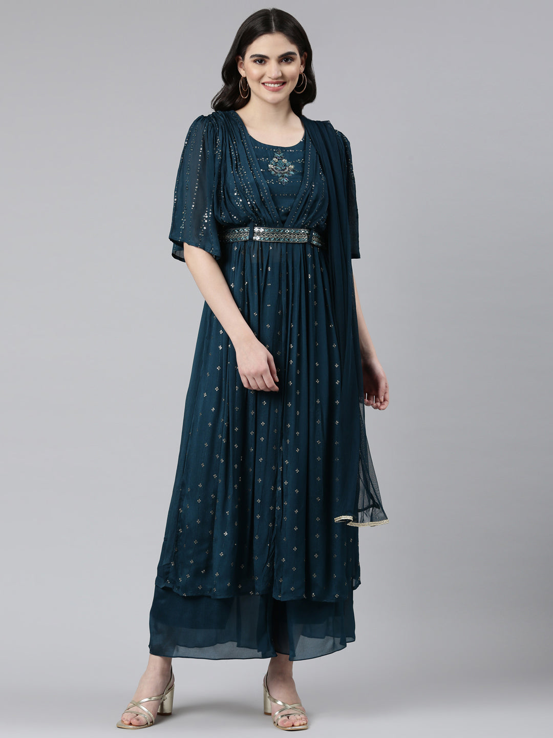 Neerus Green crepe embroidered kurta set with palazzo and dupatta - front view