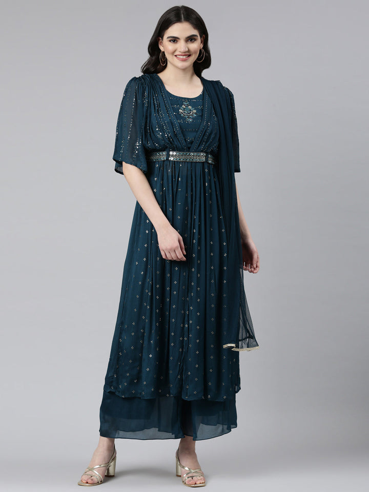 Neerus Green crepe embroidered kurta set with palazzo and dupatta - front view