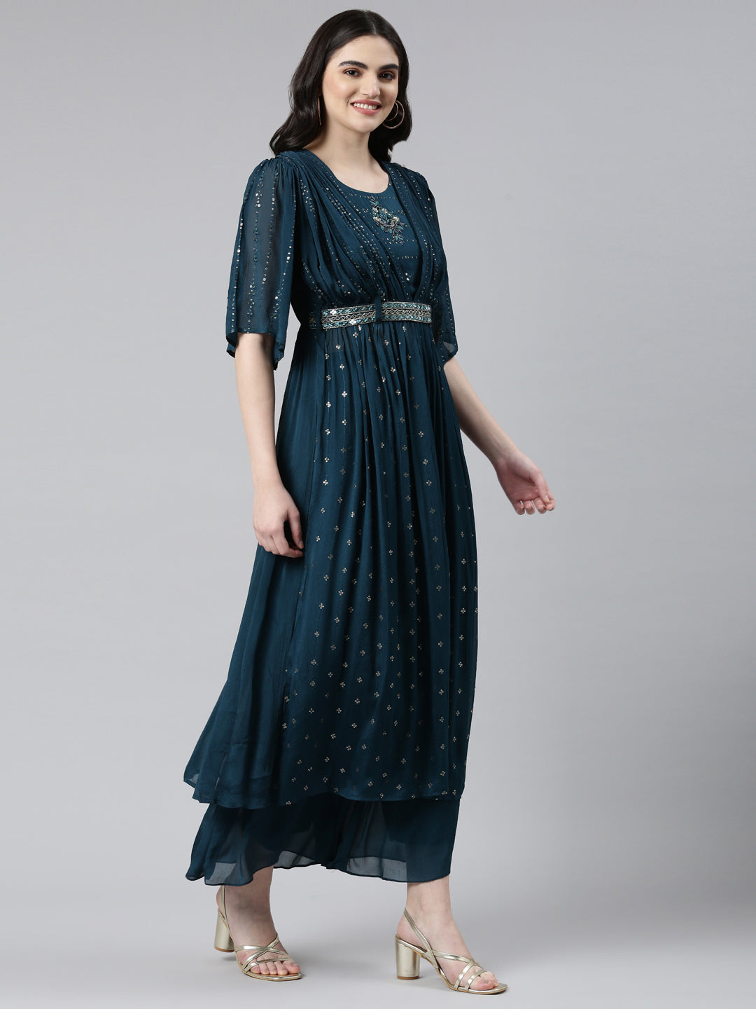 Neerus Green crepe embroidered kurta set with palazzo and dupatta - back view
