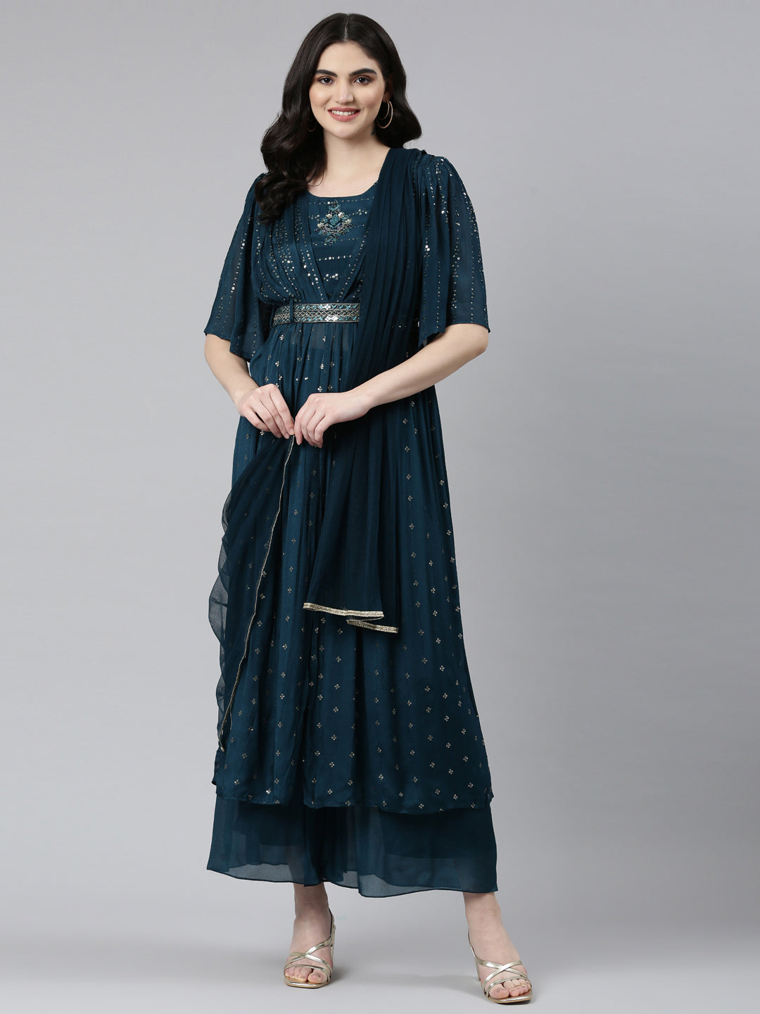 Neerus Green crepe embroidered kurta set with palazzo and dupatta - detail view 2