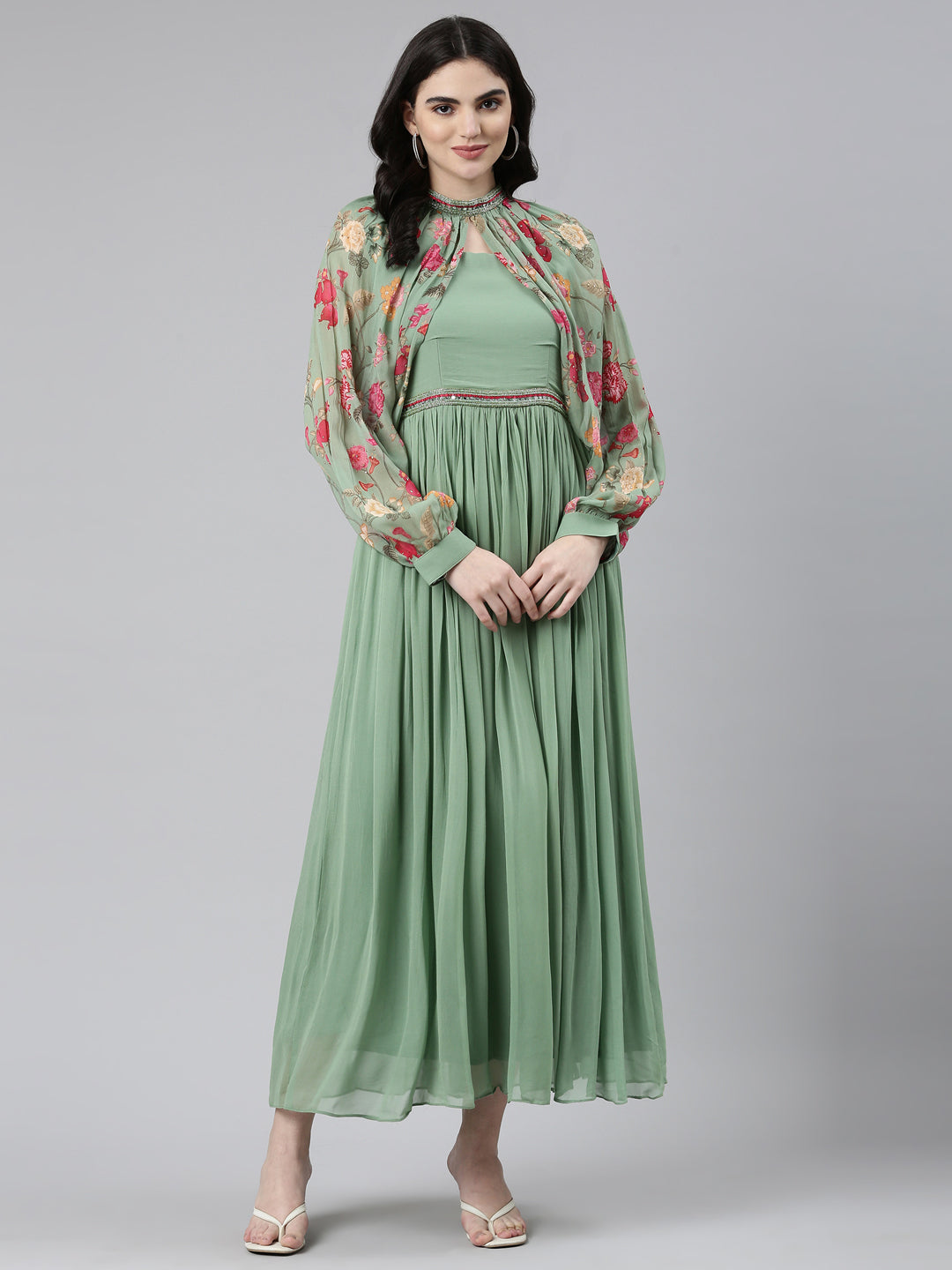 Neerus Green embellished anarkali kurta - front view