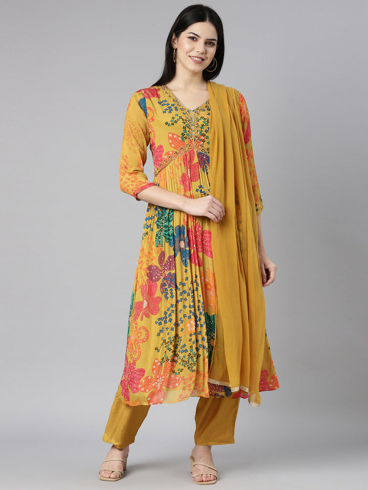 Neerus Yellow floral printed straight kurta set with dupatta - front view