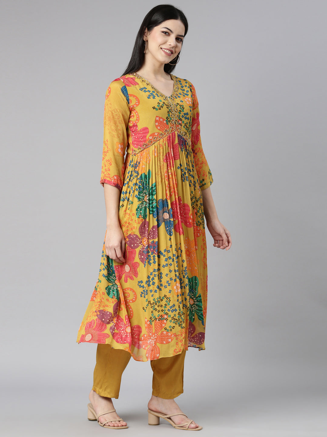 Neerus Yellow floral printed straight kurta set with dupatta - back view