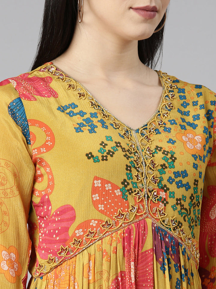 Neerus Yellow floral printed straight kurta set with dupatta - detail view 1