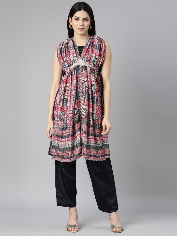 Neerus Multi crepe printed kurta set with trousers - front view