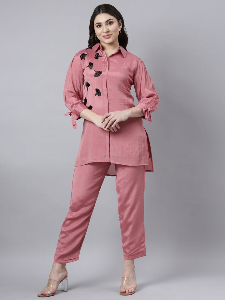 Neerus Pink solid straight co-ord set top and trousers - front view
