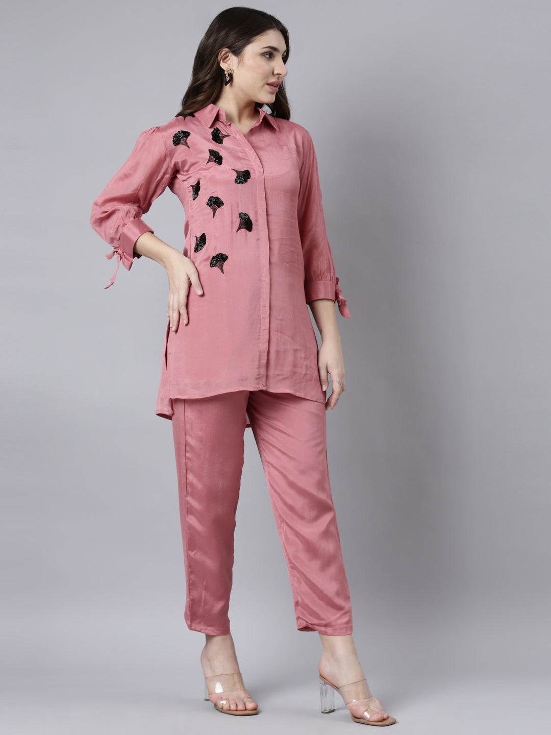 Neerus Pink solid straight co-ord set top and trousers - back view