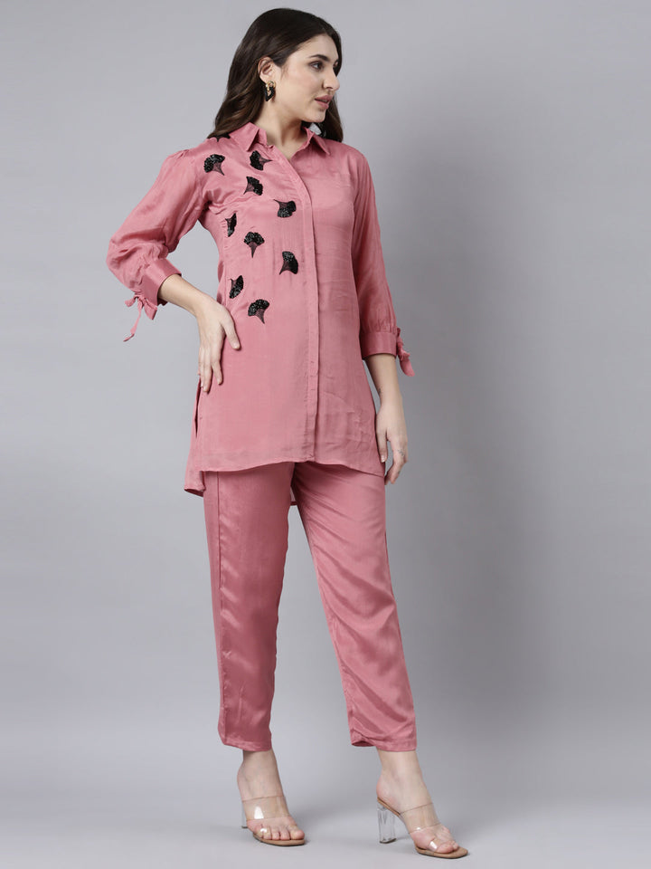 Neerus Pink solid straight co-ord set top and trousers - back view