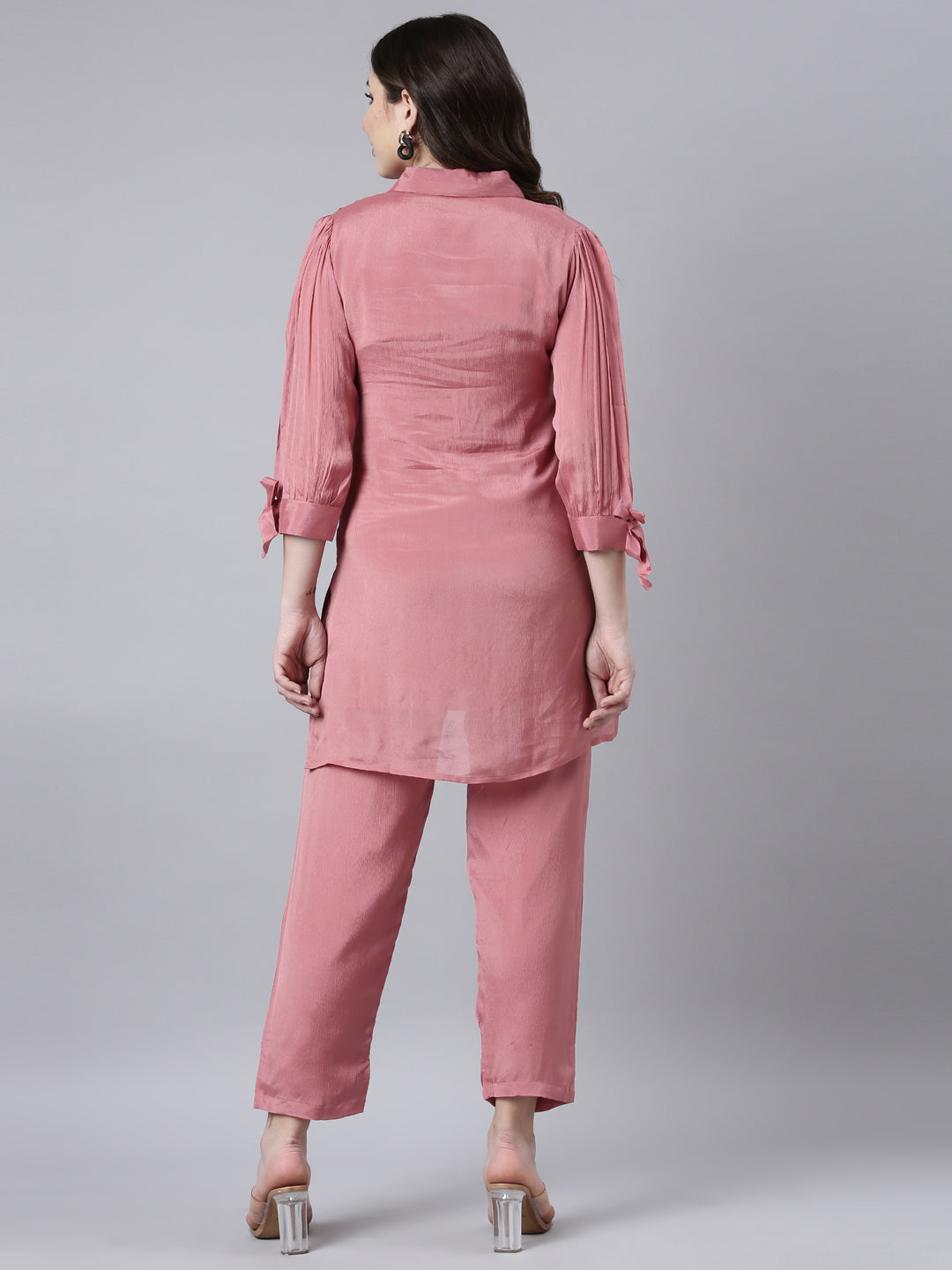 Neerus Pink solid straight co-ord set top and trousers - side view