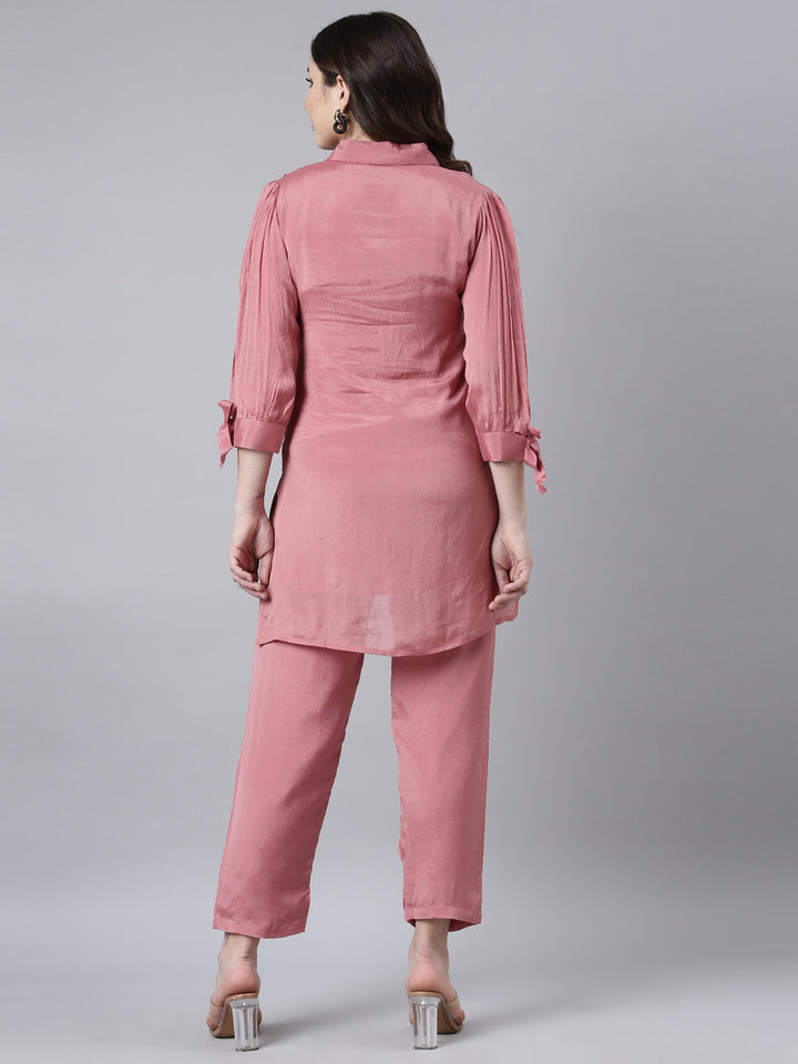 Neerus Pink solid straight co-ord set top and trousers - side view