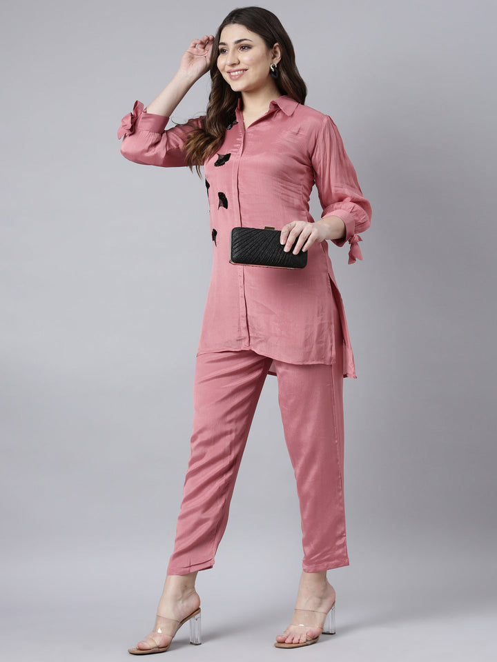 Neerus Pink solid straight co-ord set top and trousers - detail view 2