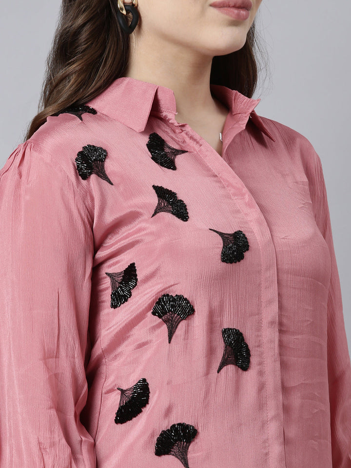 Neerus Pink solid straight co-ord set top and trousers - detail view 1