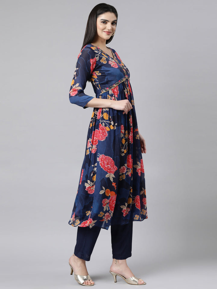 Neerus Blue Floral Printed Straight Suit Set - back view