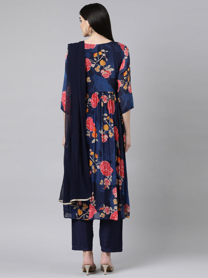 Neerus Blue Floral Printed Straight Suit Set - side view