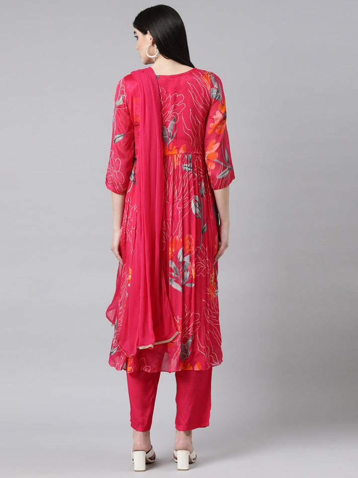 Neerus Pink printed floral straight suit set - side view