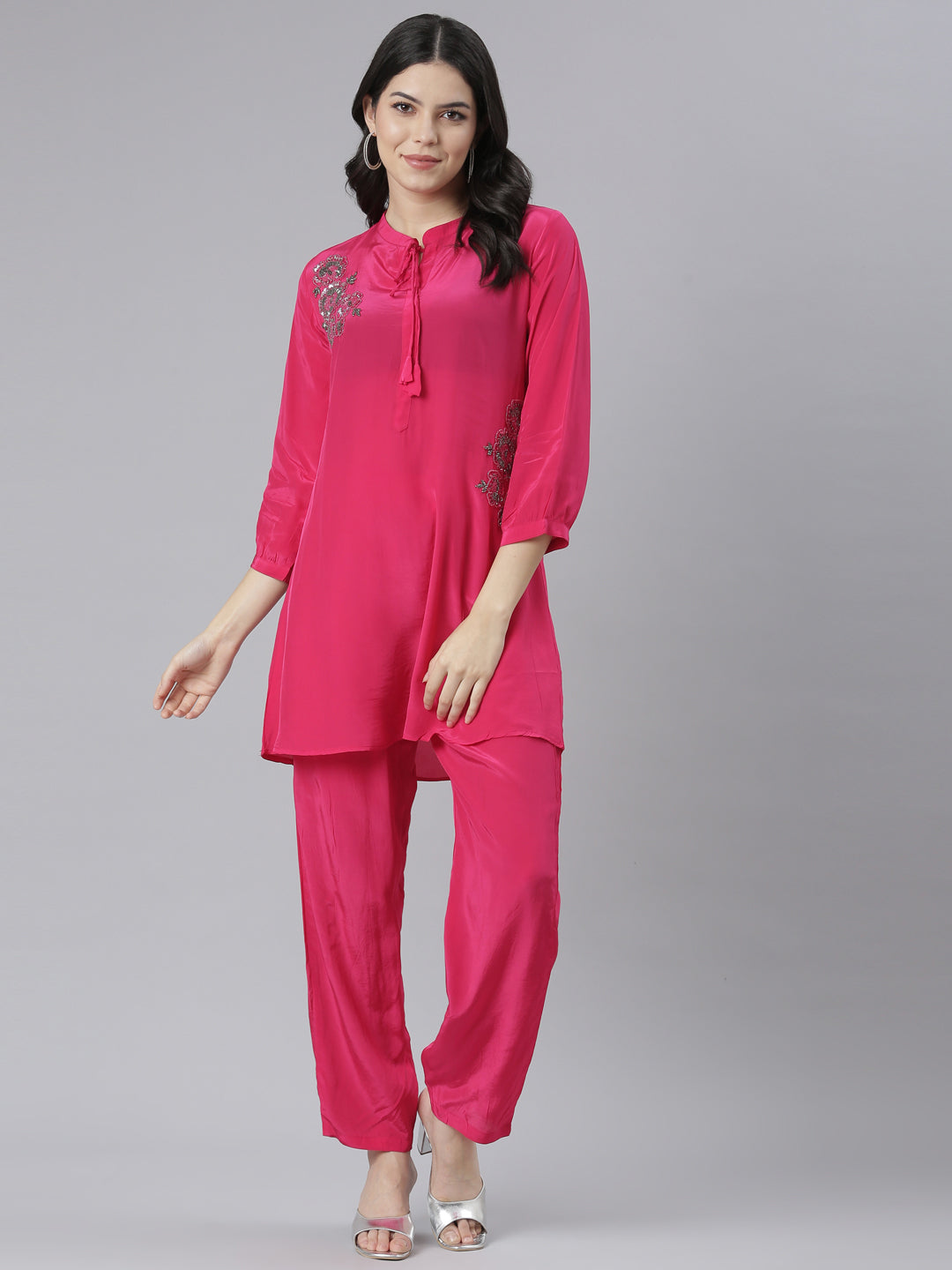 Neerus Pink solid straight kurta set with trouser - detail view 2