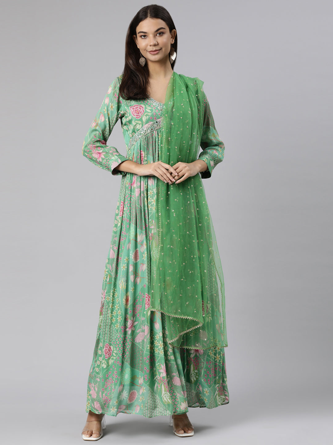 Neerus Green floral printed flared dress - front view