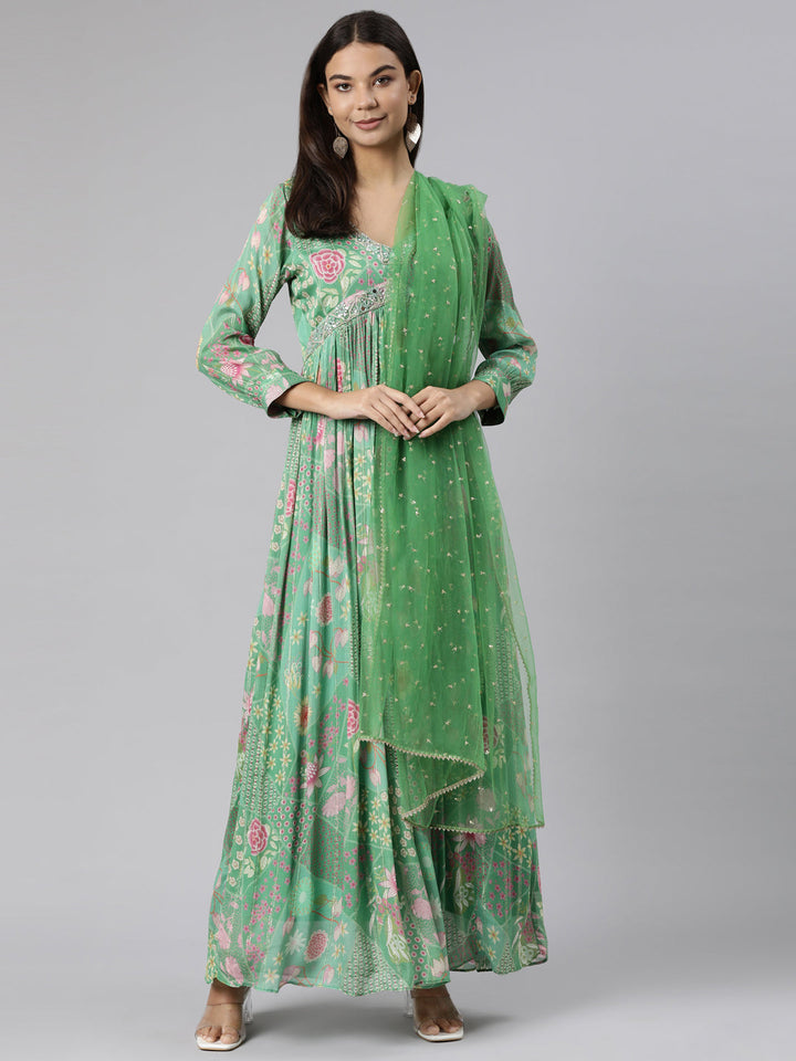 Neerus Green floral printed flared dress - front view