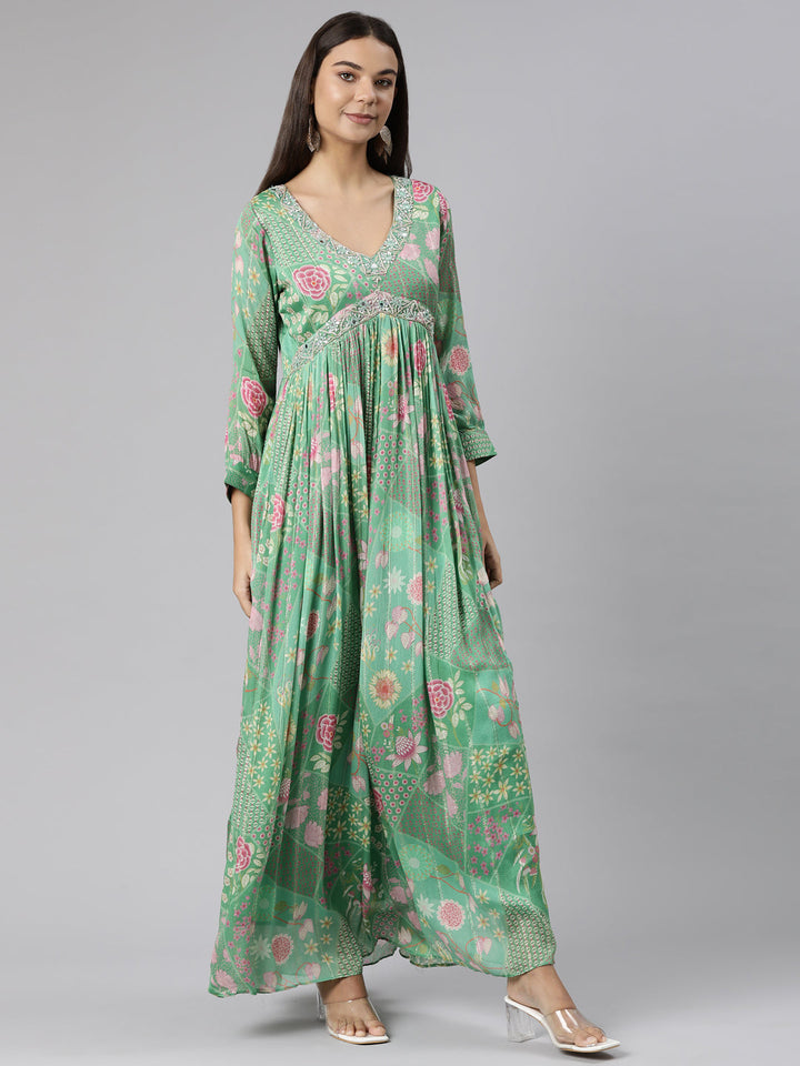 Neerus Green floral printed flared dress - back view