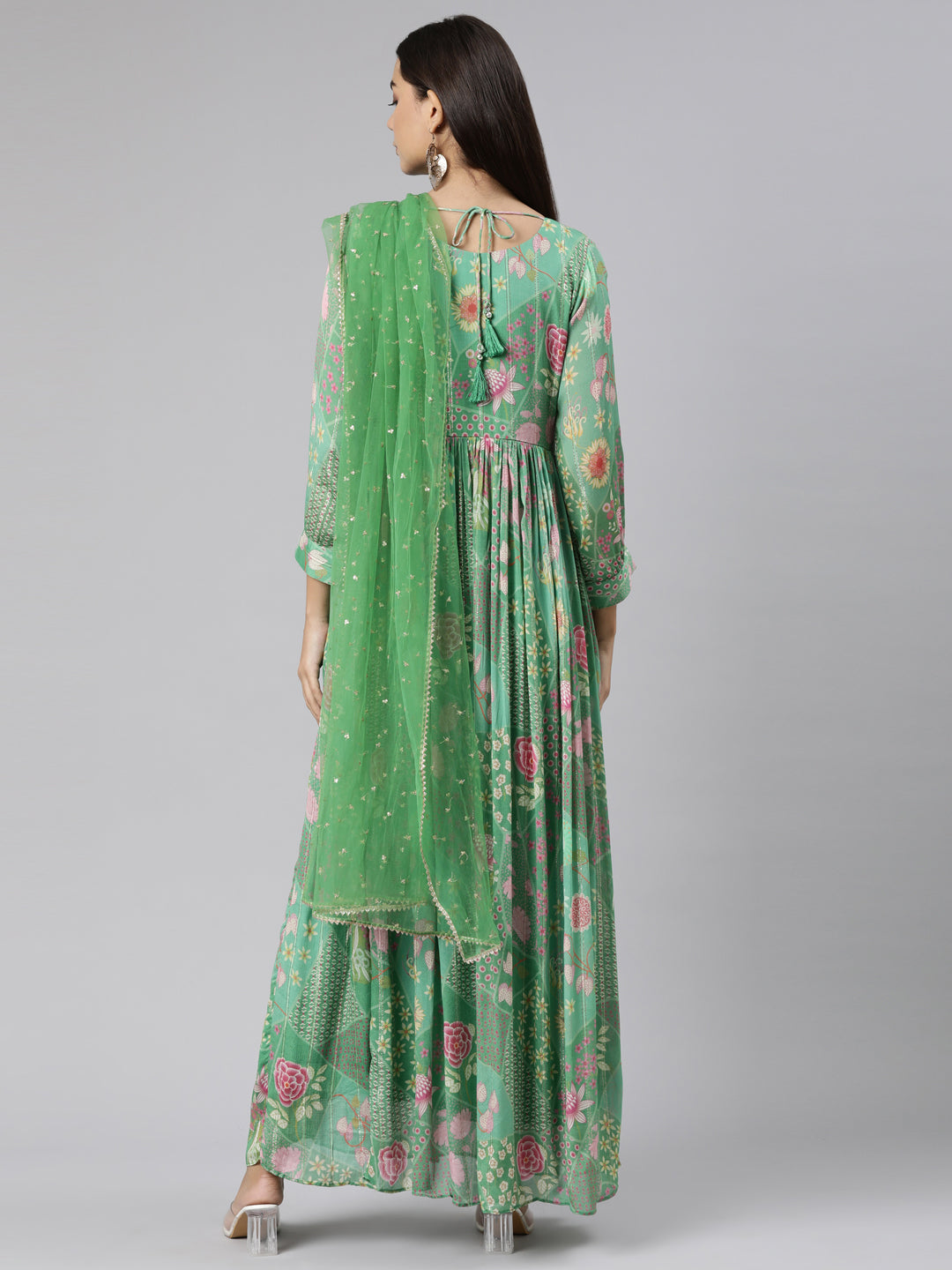 Neerus Green floral printed flared dress - side view