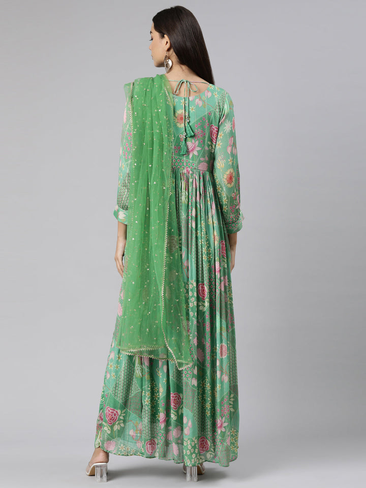 Neerus Green floral printed flared dress - side view