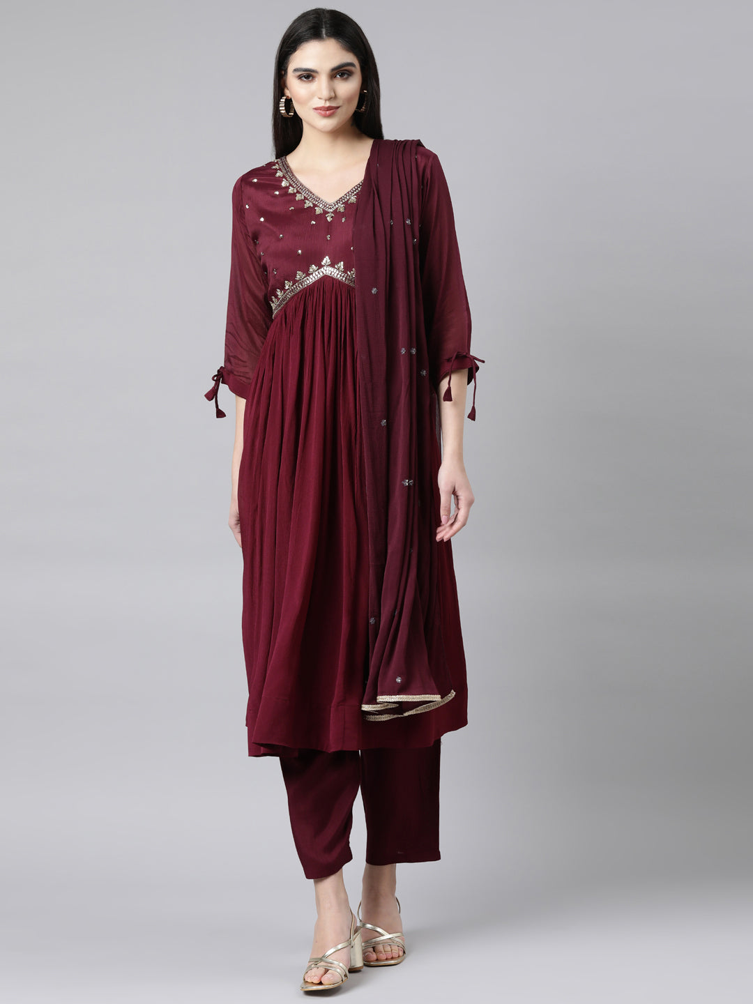 Neerus Purple chiffon solid straight suit set - front view