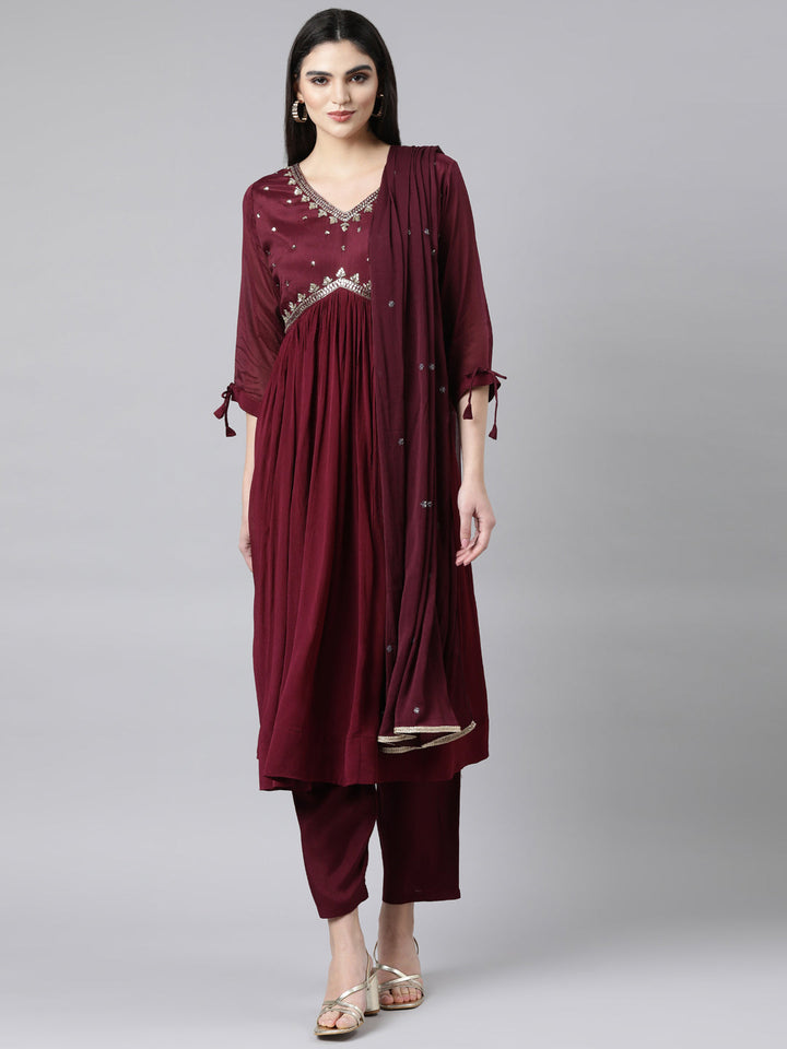 Neerus Purple chiffon solid straight suit set - front view
