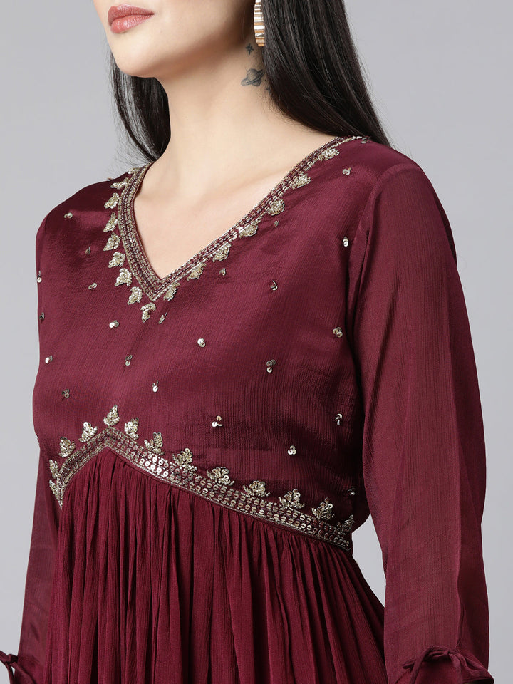 Neerus Purple chiffon solid straight suit set - detail view 1