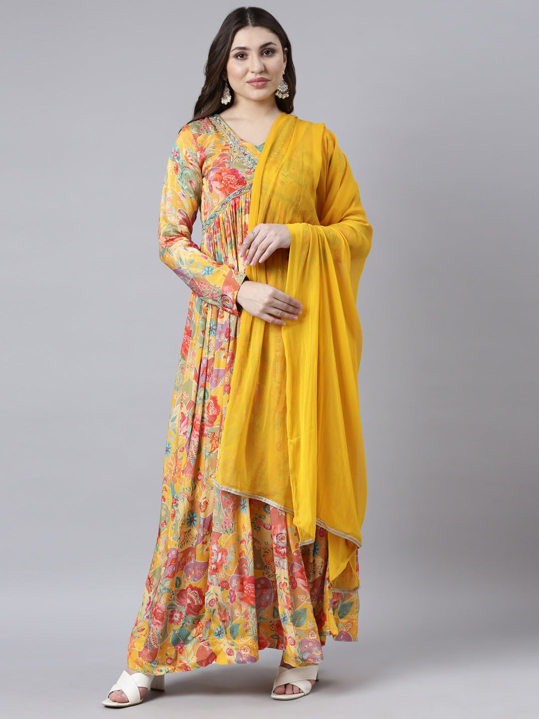 Neerus Yellow printed floral flared dress - front view