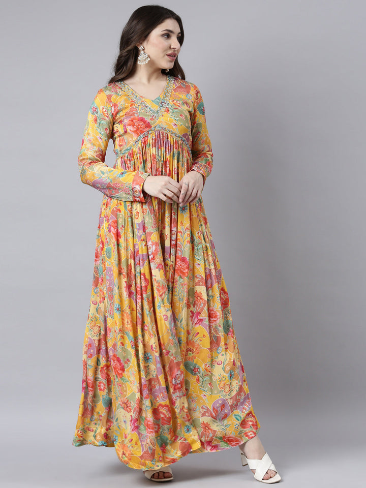 Neerus Yellow printed floral flared dress - back view