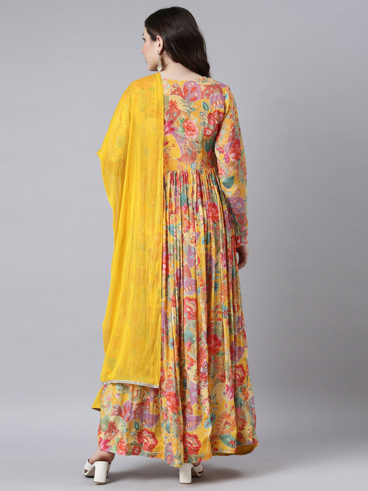 Neerus Yellow printed floral flared dress - side view