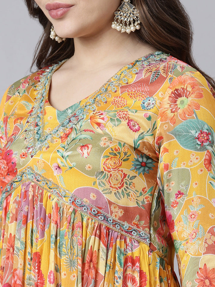 Neerus Yellow printed floral flared dress - detail view 1