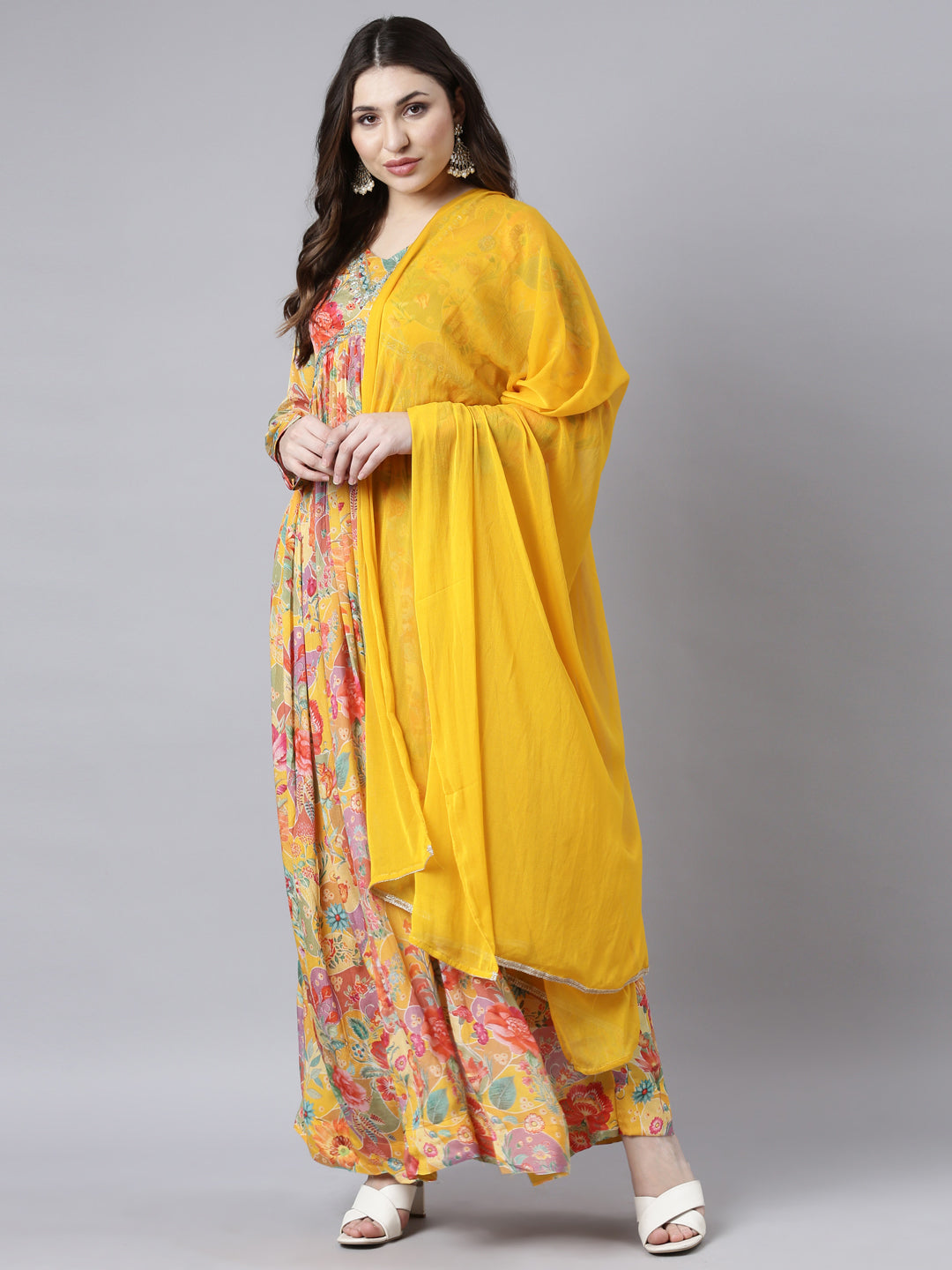 Neerus Yellow printed floral flared dress - detail view 2
