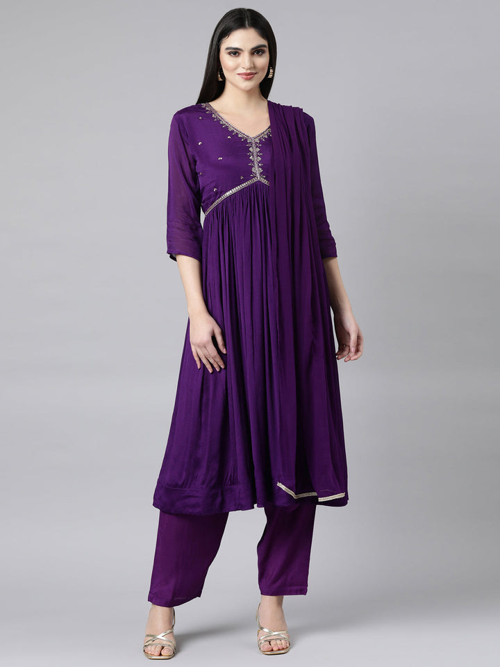 Neerus Purple solid pleated straight suit set - front view