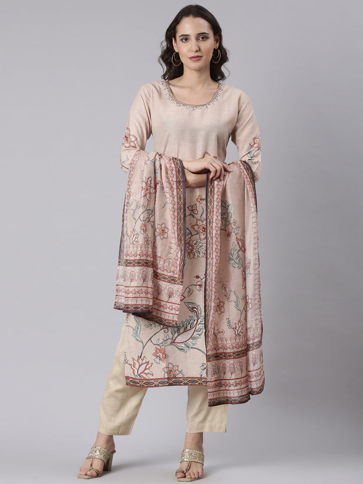Beige Slub Rayon Printed Three Piece Set