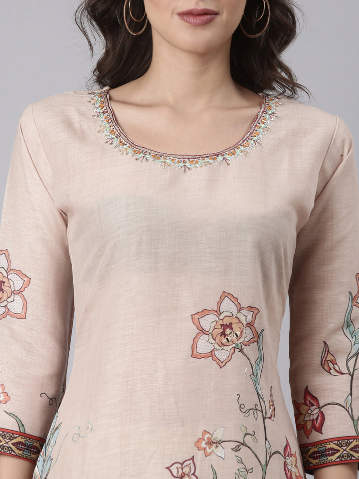 Beige Slub Rayon Printed Three Piece Set