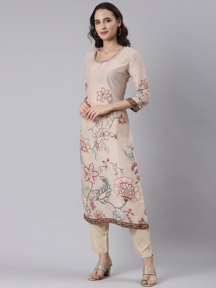 Beige Slub Rayon Printed Three Piece Set