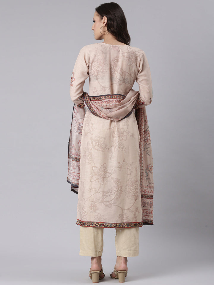 Beige Slub Rayon Printed Three Piece Set