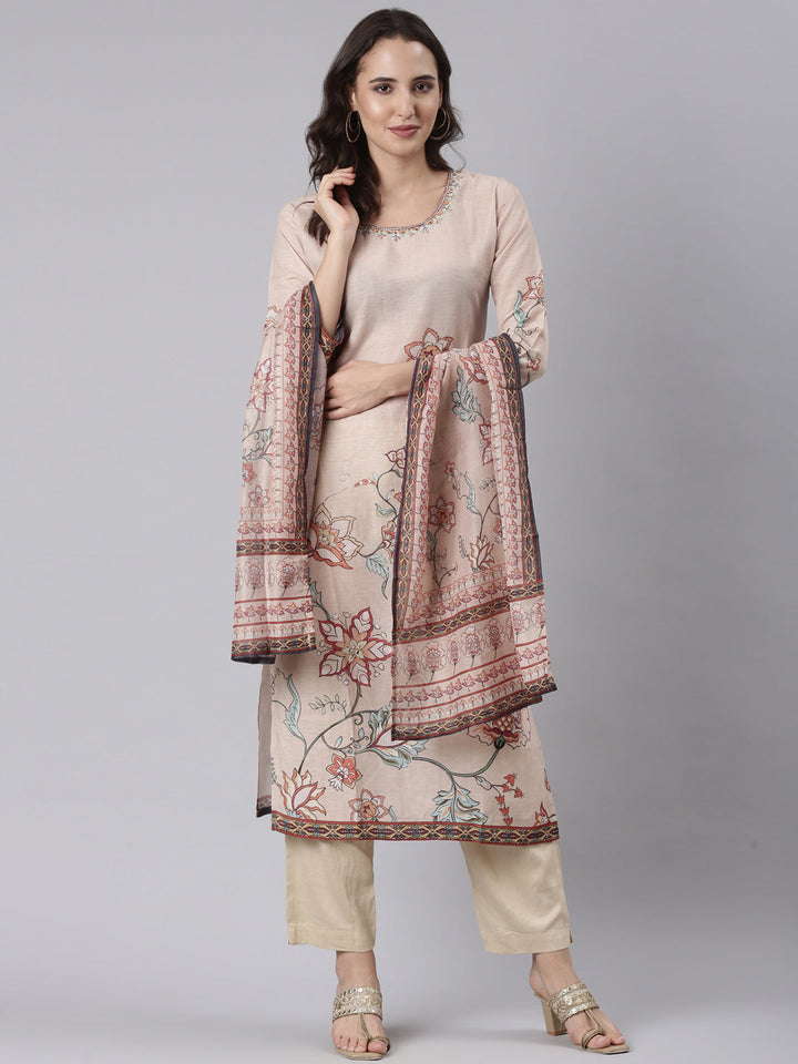 Beige Slub Rayon Printed Three Piece Set