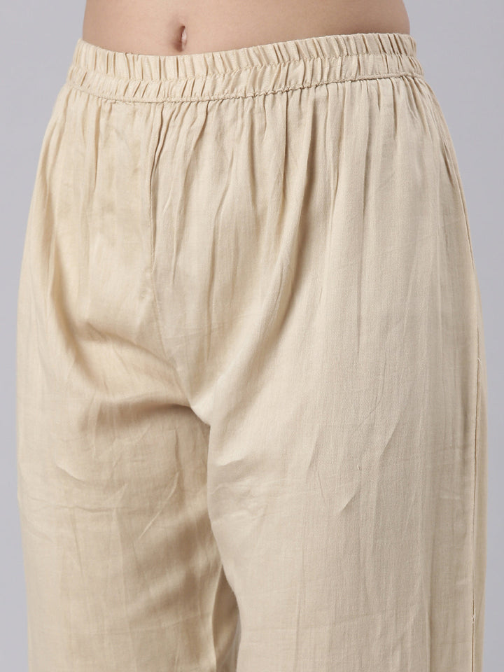 Beige Slub Rayon Printed Three Piece Set