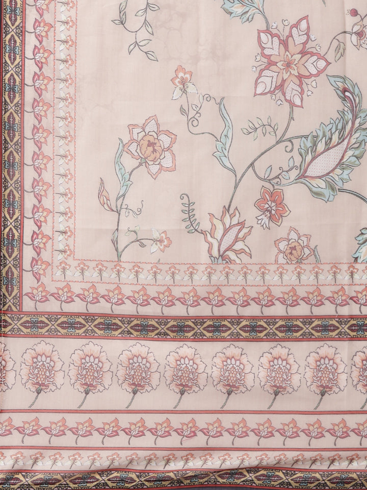 Beige Slub Rayon Printed Three Piece Set